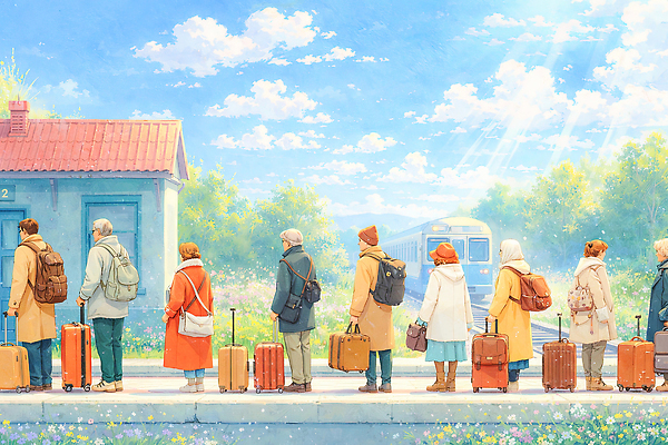 JPG 줄 여행 이동 가방 일러스트 가족 날씨 사람 풍경 여러명 일상 맑음 봄 기차 짐 대기 플랫폼 출발 기차역 국내일러스트 AI일러스트 AI콘텐츠 잡화 계절 육상교통 다수 컨셉 관계 교통시설 대중교통 라이프 역 파일형식