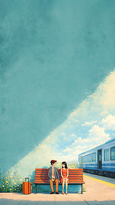 JPG 여자 남자 여유 교통 벤치 일러스트 하늘 대화 풍경 친구 햇빛 봄 공간 만남 기차 기다림 기차역 정차 국내일러스트 AI일러스트 AI콘텐츠 계절 감정 육상교통 컨셉 의자 관계 모션 대중교통 말하기 사람 태양 역 파일형식