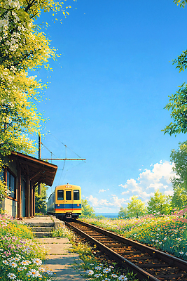 JPG 나무 계절 꽃 여행 이동 일러스트 자연 풍경 평화 봄 기찻길 기차 대기 기차역 정차 기차여행 국내일러스트 AI일러스트 AI콘텐츠 식물 육상교통 컨셉 대중교통 역 생태계 파일형식