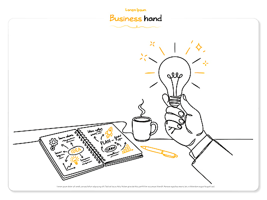 손 커피 생각 라인일러스트 일러스트 비즈니스 전구 회의 아이디어 다이어리 공책 기록 업무 작업 계획 발상 창의성 브레인스토밍 국내일러스트 AI파일 음료 컨셉 문구용품 신체부위 사무용품 파일형식 벡터