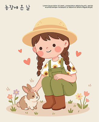 동물 꽃 행복 어린이 일러스트 자연 놀이 미소 소녀 여름 반려동물 농장 봄 시골 밀짚모자 동반자 아기토끼 쓰다듬기 국내일러스트 AI파일 식물 모자_잡화 계절 여자 감정 새끼 농업 모션 표정 사람 토끼 생태계 파일형식 벡터