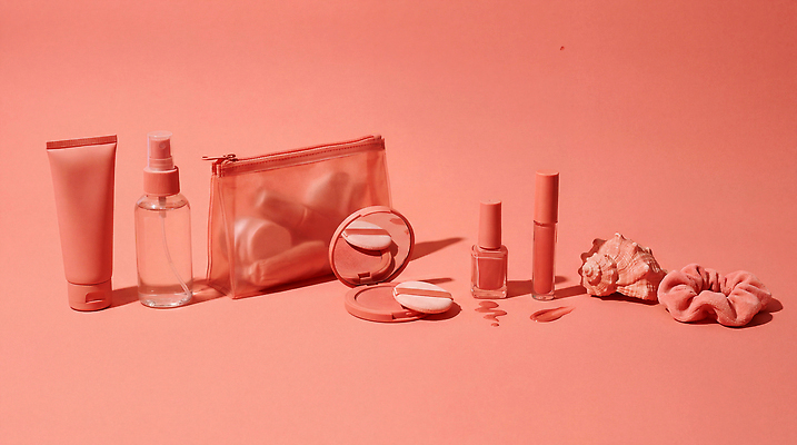 컬러 가방 뷰티 화장품 미용용품 CG 파일형식 AI콘텐츠 스킨케어 화장 립스틱 파운데이션 크림 스프레이 거울 화장용품 파우치 편집실사 JPG 편집이미지 코랄 AI포토