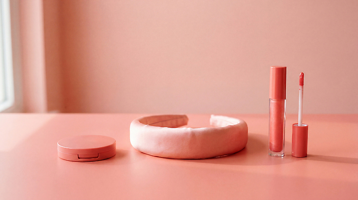 컬러 가구 장신구 뷰티 CG 파일형식 AI콘텐츠 분홍색 화장품 머리띠 탁자 화장 아이템 편집실사 JPG 편집이미지 코랄 AI포토