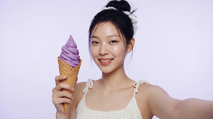 JPG 편집이미지 여자 아이스크림 디저트 미소 웃음 여름 보라색 즐거움 소프트아이스크림 젤라또 의료성형뷰티 편집실사 AI인물포토 AI콘텐츠 우베 계절 감정 음식 컬러 표정 사람 CG 파일형식 AI포토