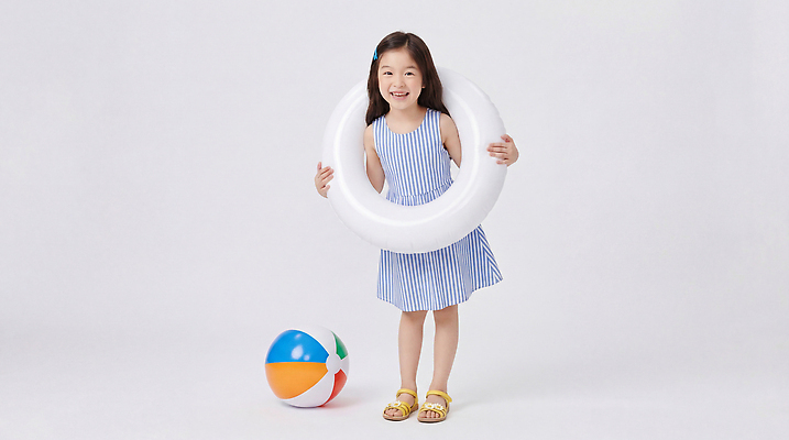 JPG 편집이미지 어린이 물놀이 놀이 실내 웃음 소녀 여름 즐거움 풍선 튜브 의료성형뷰티 편집실사 AI인물포토 AI콘텐츠 계절 여자 감정 표정 사람 내부 CG 파일형식 AI포토