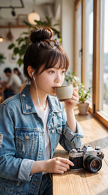 JPG 편집이미지 여자 커피 음료 이어폰 휴식 사람 카메라 카페 집중 의료성형뷰티 편집실사 AI인물포토 AI콘텐츠 음향기기 컨셉 전자제품 상점 CG 파일형식 AI포토