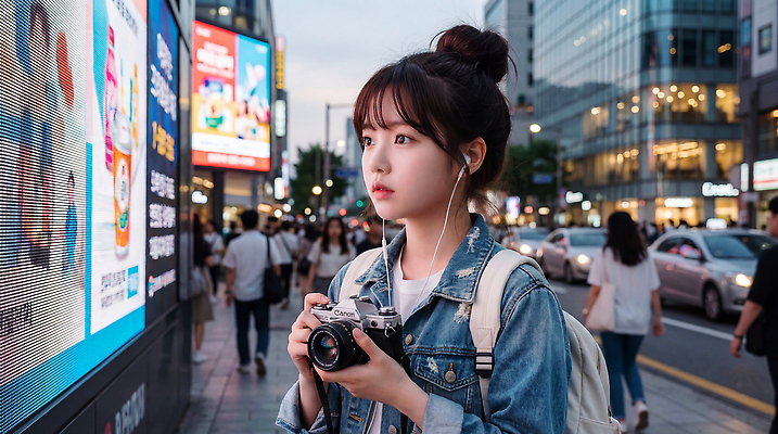 JPG 편집이미지 여자 이어폰 여행 거리 광고판 카메라 촬영 도시 저녁 의료성형뷰티 편집실사 AI인물포토 AI콘텐츠 음향기기 알림판 사람 전자제품 밤 야간 CG 판 파일형식 AI포토