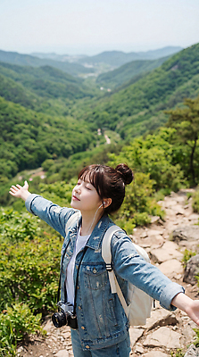 JPG 편집이미지 여자 여행 포즈 자연 산 풍경 카메라 자유 숲 의료성형뷰티 편집실사 AI인물포토 AI콘텐츠 컨셉 사람 전자제품 CG 생태계 파일형식 AI포토