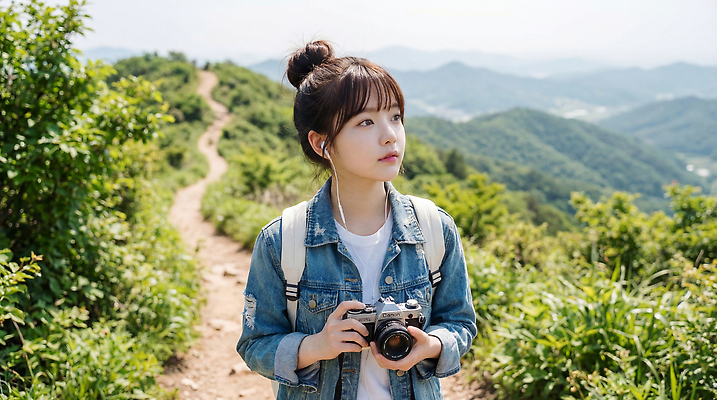JPG 편집이미지 여자 여행 자연 풍경 여름 걷기 카메라 촬영 숲 산길 의료성형뷰티 편집실사 AI인물포토 AI콘텐츠 계절 길 모션 사람 전자제품 CG 생태계 파일형식 AI포토