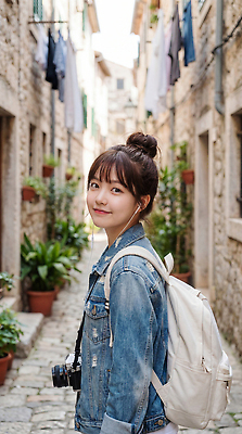 JPG 편집이미지 여자 여행 배낭 거리 웃음 풍경 건물 일상 걷기 카메라 골목길 돌길 의료성형뷰티 편집실사 AI인물포토 AI콘텐츠 건축물 길 가방 모션 표정 사람 라이프 전자제품 CG 파일형식 AI포토