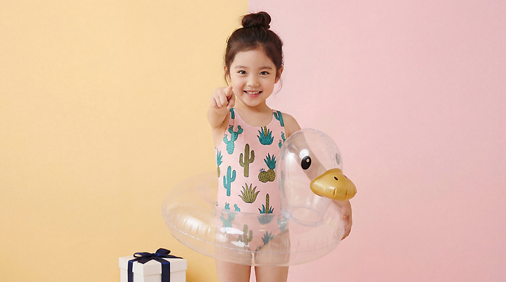 JPG 편집이미지 수영복 어린이 포즈 손가락 물놀이 웃음 소녀 여름 장난감 수영 튜브 오리튜브 의료성형뷰티 편집실사 AI인물포토 AI콘텐츠 손 옷 계절 여자 놀이 표정 사람 수상스포츠 CG 파일형식 AI포토