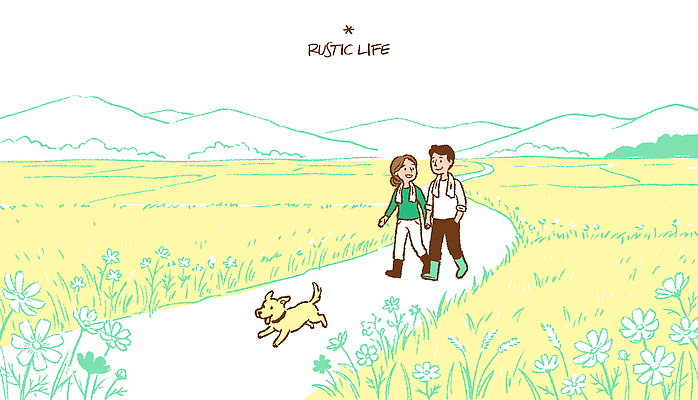 감정 컨셉 포유류 모션 휴식 사람 생활 생태계 파일형식 벡터 시골 길 남자 여자 개 산 초원 걷기 달리기 자연 풍경 행복 산책 귀여움 AI파일 국내일러스트 일러스트 목가 전원생활