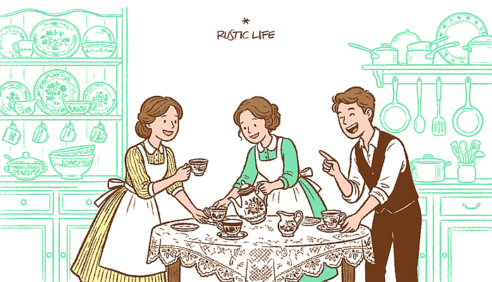 감정 가구 표정 생활 다도 파일형식 벡터 주방 탁자 다기 즐거움 웃음 식기 AI파일 국내일러스트 일러스트 목가 전원생활