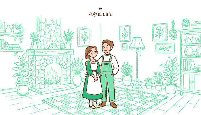 커플 관계 생활 감각 생태계 파일형식 벡터 시골 가족 벽난로 식물 부부 사람 편안함 자연 AI파일 국내일러스트 일러스트 목가 전원생활