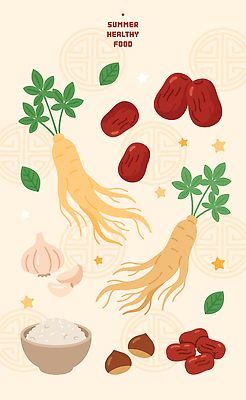 계절 아시아 음식 채소 삼 생태계 몸보신 파일형식 벡터 여름 건강 인삼 대추 마늘 밥 자연 뿌리 재료 전통 한국 AI파일 국내일러스트 일러스트 보양식