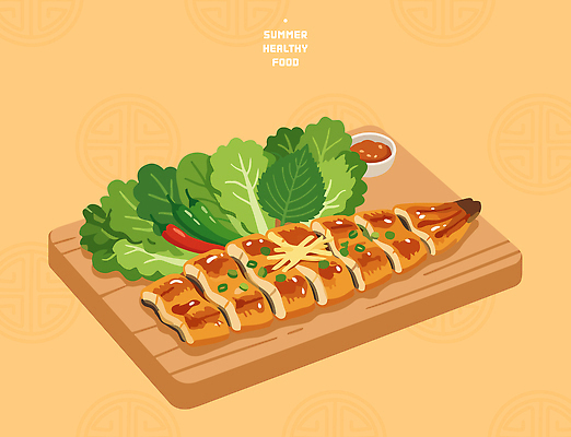 채소 일러스트 양파 여름음식 마늘 요리 여름 식사 맛 장어 보양식 나무판자 국내일러스트 AI파일 계절 음식 컨셉 어류 목재 몸보신 파일형식 벡터 여름_계절