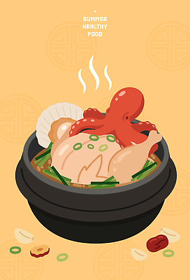 전통 식기 계절 음식 컨셉 해산물 보양식 몸보신 파일형식 벡터 삼계탕 여름 건강 요리 그릇 전통음식 한식 맛 해물요리 바다 식사 AI파일 국내일러스트 일러스트