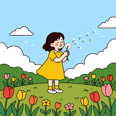 꽃 행복 어린이 꽃밭 일러스트 자연 하늘 바람 소녀 봄 민들레 어린이날 즐거움 장면 국내일러스트 AI파일 자연요소 식물 계절 여자 기념일 감정 날씨 사람 생태계 파일형식 벡터