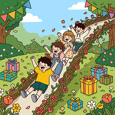 나무 꽃 어린이 일러스트 모션 자연 놀이 선물 웃음 잔디 친구 봄 미끄럼틀 놀이터 어린이날 언덕 즐거움 오후 국내일러스트 AI파일 식물 계절 기념일 감정 관계 표정 사람 놀이기구 생태계 파일형식 벡터