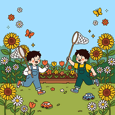 꽃 행복 어린이 나비 일러스트 모션 자동차 자연 놀이 해바라기 웃음 친구 장난감 달리기 정원 봄 어린이날 채집망 국내일러스트 AI파일 식물 계절 기념일 감정 육상교통 곤충 관계 표정 사람 생태계 파일형식 벡터