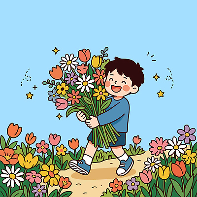 꽃 행복 길 어린이 꽃다발 일러스트 모션 자연 밝음 웃음 일상 걷기 정원 봄 튤립 어린이날 데이지 국내일러스트 AI파일 식물 계절 기념일 감정 표정 사람 라이프 생태계 파일형식 벡터