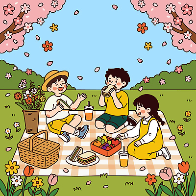 나무 꽃 행복 음료 어린이 과일 일러스트 디저트 샌드위치 웃음 초원 친구 햇빛 소풍 봄 벚꽃 어린이날 국내일러스트 AI파일 식물 계절 기념일 감정 음식 관계 표정 사람 태양 야외활동 파일형식 벡터