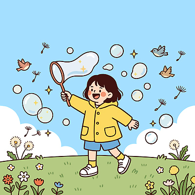 손 공원 꽃 어린이 컬러 일러스트 모션 자연 놀이 조류 하늘 웃음 봄 비눗방울 어린이날 즐거움 국내일러스트 AI파일 식물 동물 계절 공공시설 기념일 감정 표정 사람 신체부위 생태계 파일형식 벡터