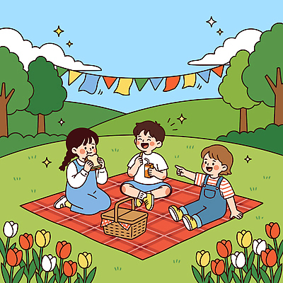 나무 꽃 어린이 음식 일러스트 모션 자연 함께함 이야기 잔디 친구 소풍 바구니 봄 모임 어린이날 즐거움 국내일러스트 AI파일 식물 계절 기념일 감정 컨셉 관계 사람 야외활동 생태계 파일형식 벡터