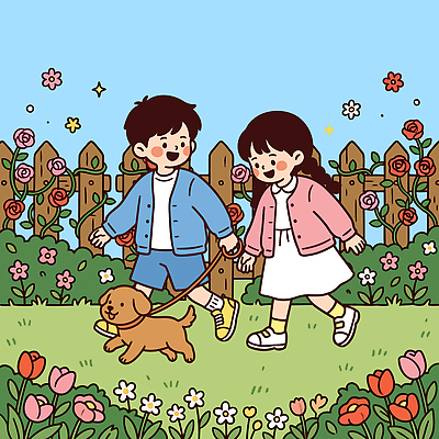 동물 꽃 행복 어린이 꽃밭 일러스트 놀이 하늘 웃음 일상 친구 걷기 귀여움 봄 산책 강아지 어린이날 평지 국내일러스트 AI파일 식물 계절 기념일 감정 컨셉 관계 모션 휴식 표정 사람 라이프 반려동물 개 땅 파일형식 벡터