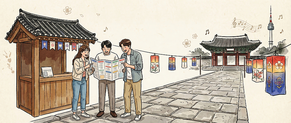 JPG 전통 문화 여행 일러스트 거리 한옥 풍경 여러명 관광지 친구 여행객 마을 탑 등불 역사 즐거움 관람 길찾기 종묘제례악 국내일러스트 AI일러스트 AI콘텐츠 한국전통 건축물 감정 다수 고건축 관계 조명 사람 전통공연 파일형식