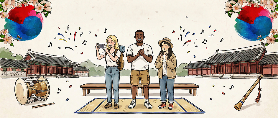 JPG 전통 문화 음악 컬러 일러스트 기념 한국 이벤트 여러명 공연 궁전 공간 무대 분위기 사물놀이 즐거움 장구 관람 소통 종묘제례악 태평소 국내일러스트 AI일러스트 AI콘텐츠 감정 아시아 다수 컨셉 고건축 문화예술 타악기 국악기 관악기 사람 전통놀이 전통공연 파일형식