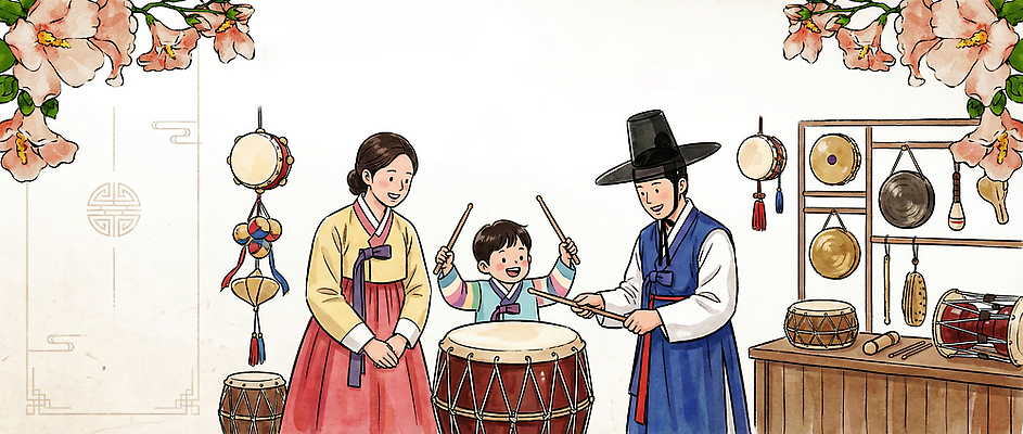 JPG 전통 교육 행복 문화 어린이 악기 음악 연주 일러스트 가족 놀이 한국 국악 학습 부모 한복 북 즐거움 관람 종묘제례악 국내일러스트 AI일러스트 AI콘텐츠 한국전통 감정 아시아 관계 문화예술 타악기 사람 전통의상 전통공연 파일형식