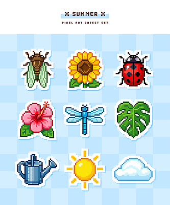 식물 꽃 곤충 일러스트 나뭇잎 해바라기 여름 태양 물뿌리개 딱정벌레 오브젝트 픽셀 국내일러스트 AI파일 자연요소 동물 계절 잎 파일형식 벡터