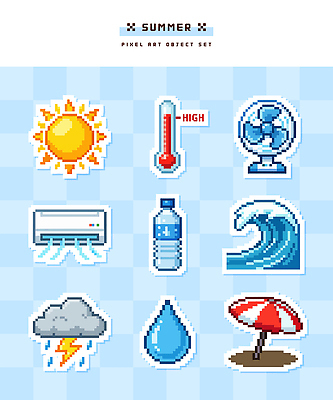 파도 일러스트 여름 태양 물방울 선풍기 온도계 수분 에어컨 물병 오브젝트 기온 픽셀 국내일러스트 AI파일 자연요소 계절 바다 날씨 가전제품 물통 파일형식 벡터