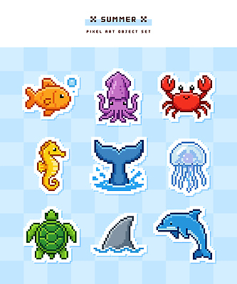 바다 일러스트 어류 여름 게 거북이 고래 오브젝트 돌고래 문어 상어 해파리 해마 픽셀 국내일러스트 AI파일 계절 포유류 파충류 연체동물 갑각류 바다동물 수중동물 자포동물 파일형식 벡터