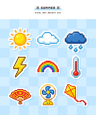 무지개 일러스트 여름 세트 태양 선풍기 온도계 번개 연 오브젝트 픽셀 국내일러스트 AI파일 자연요소 계절 날씨 놀이용품 가전제품 파일형식 벡터