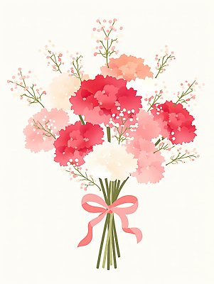 JPG 꽃 리본 부케 일러스트 빨간색 정원 어버이날 스승의날 카네이션 감사 국내일러스트 AI일러스트 AI콘텐츠 식물 기념일 감정 컬러 꽃다발 파일형식