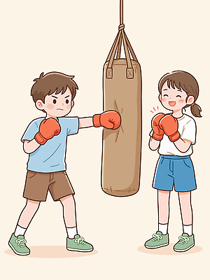 어린이 스포츠 일러스트 모션 미소 친구 운동 힘 권투 글러브 체육 연습 즐거움 샌드백 강습 액션 국내일러스트 AI파일 감정 스포츠용품 장갑 관계 표정 건강 사람 격투기 파일형식 벡터