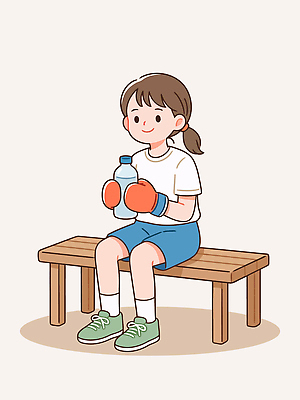 어린이 스포츠 벤치 일러스트 청소년 휴식 운동선수 건강 소녀 운동복 운동 권투 글러브 물병 체육 연습 준비 국내일러스트 AI파일 옷 여자 스포츠용품 장갑 컨셉 의자 사람 격투기 물통 파일형식 벡터