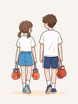 어린이 스포츠 일러스트 모션 대화 소녀 소년 친구 운동 걷기 권투 권투글러브 체육 동료 국내일러스트 AI파일 여자 남자 관계 건강 말하기 사람 격투기 글러브 파일형식 벡터