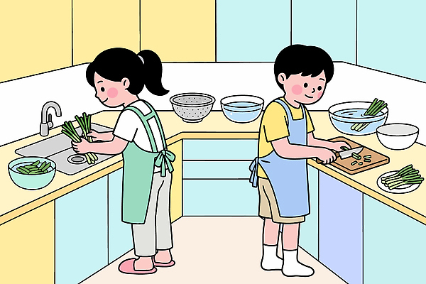 그릇 음식 채소 일러스트 모션 함께함 요리 물 주방 씻기 자르기 준비 손질 대파 봄나물 국내일러스트 AI파일 자연요소 식기 컨셉 청결 나물 파 파일형식 벡터