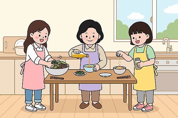 행복 채소 일러스트 재료 가족 모션 함께함 요리 사람 주방 식사 맛 준비 봄나물 손맛 국내일러스트 AI파일 감정 컨셉 관계 나물 파일형식 벡터