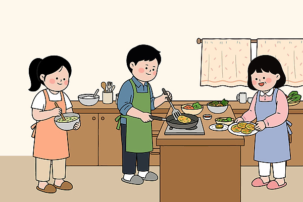 그릇 문화 음식 채소 일러스트 재료 탁자 함께함 요리 사람 세명 주방 식사 샐러드 준비 봄나물 국내일러스트 AI파일 식기 가구 컨셉 나물 파일형식 벡터