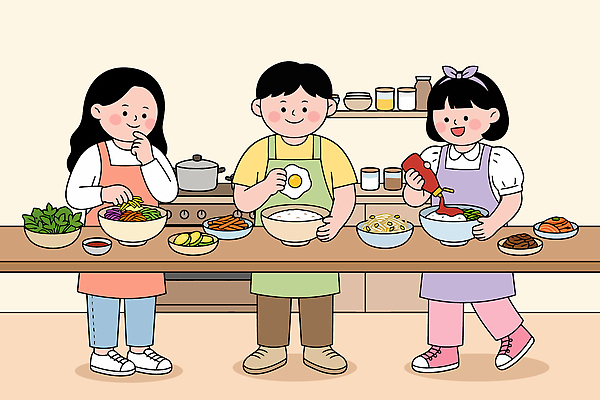 여자 남자 음식 채소 일러스트 재료 밥 함께함 육류 요리 여러명 주방 계란 식사 고추장 준비 손질 나무탁자 봄나물 국내일러스트 AI파일 다수 컨셉 식재료 탁자 사람 알 양념 나물 파일형식 벡터