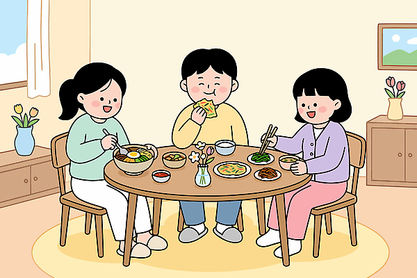 행복 음식 거실 채소 일러스트 가족 식탁 밥 아침 반찬 함께함 대화 요리 일상 식사 즐거움 건강식 봄나물 국내일러스트 AI파일 주간 감정 컨셉 관계 탁자 말하기 라이프 나물 파일형식 벡터