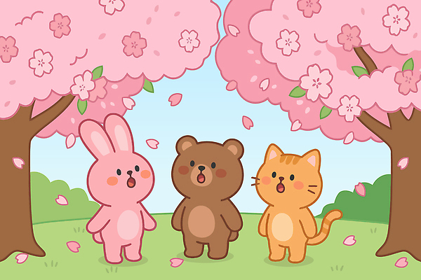 나무 동물 꽃잎 행복 일러스트 곰 자연 친구 소풍 귀여움 고양이 봄 벚꽃 토끼 즐거움 벚꽃축제 국내일러스트 AI파일 식물 계절 꽃 감정 컨셉 포유류 관계 반려동물 야외활동 축제 생태계 꽃축제 파일형식 벡터