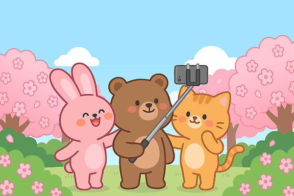 동물 꽃 일러스트 곰 자연 함께함 웃음 초원 친구 스마트폰 카메라 정원 고양이 봄 벚꽃 토끼 셀프카메라 즐거움 장면 벚꽃축제 국내일러스트 AI파일 식물 계절 감정 컨셉 포유류 관계 표정 전자제품 핸드폰 스마트기기 반려동물 사진촬영 축제 생태계 꽃축제 파일형식 벡터