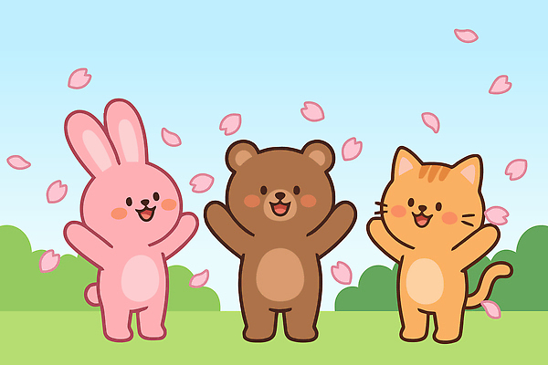동물 꽃잎 행복 일러스트 곰 자연 함께함 웃음 친구 고양이 봄 벚꽃 토끼 즐거움 벚꽃축제 국내일러스트 AI파일 계절 꽃 감정 컨셉 포유류 관계 표정 반려동물 축제 생태계 꽃축제 파일형식 벡터