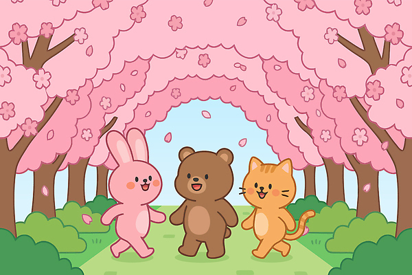 나무 동물 캐릭터 꽃잎 꽃 길 일러스트 곰 자연 바람 함께함 친구 걷기 고양이 봄 벚꽃 토끼 만개 벚꽃축제 국내일러스트 AI파일 자연요소 식물 계절 컨셉 포유류 관계 모션 날씨 반려동물 축제 생태계 꽃축제 파일형식 벡터