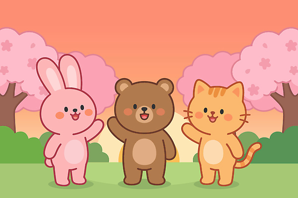 나무 동물 캐릭터 손 공원 일러스트 곰 친구 귀여움 고양이 봄 벚꽃 토끼 장면 벚꽃축제 국내일러스트 AI파일 식물 계절 공공시설 꽃 컨셉 포유류 관계 신체부위 반려동물 축제 꽃축제 파일형식 벡터